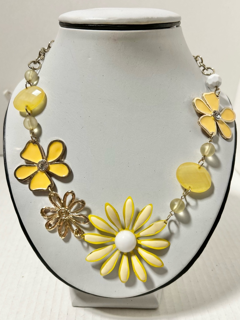 Vintage Yellow Enamel Flower Statement Bib Necklace Whimsical Upcycled